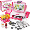 Play Calculator Cash Register Toy Gift for Kids Girls Age 3, 4, 5, 6, 7, 8+ Year Old, 57 Pcs Pink Pretend Grocery Store Playset, Incl Microphone, Credit Card, Scanner, Fake Food, Play Money for Kids