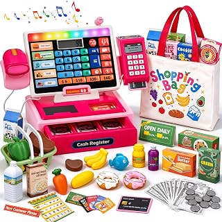 LED Cash Register Toys for 3-8 Years Old Pretend Play Store Kid Cash Register with Scanner, Shopping Bag, Microphone and Calculator Birthday Gift for 3 4 5 6 7 8 Years Old Boys and Girl