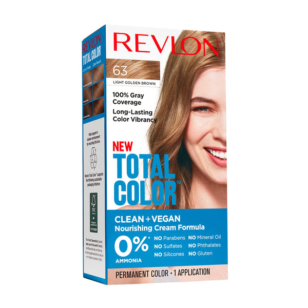 Revlon Permanent Hair Color, Permanent Hair Dye, Total Color with 100% Gray Coverage, Clean & Vegan, 63 Light Golden Brown, 3.5 Oz