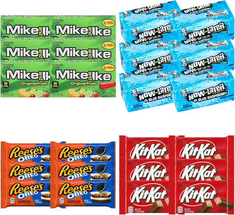 Big TOP DEALS USA Assorted Candy Variety Pack - Mike and Ike Original Fruits, Now and Later Blue Raspberry, Reese's Oreo Cups, Kit Kat - Individually Wrapped, Fruity Chewy Candy, Single Serve Packs