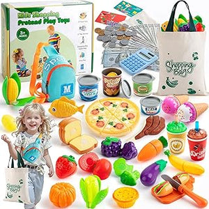 Pretend Play Food Sets for Kids Kitchen, Grocery Store Playset with Shopping Bags,Calculator, Toddlers Cutting Toy Food, Play Money, Sling Bag, Plastics Play Kitchen Accessories for Age 3+ Gift