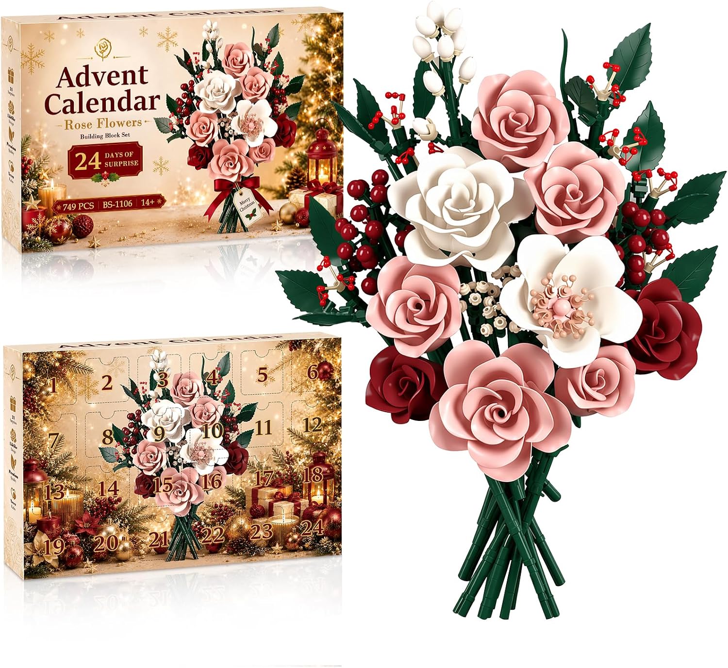 Rose Flower Advent Calendar 2026, 24-Day Christmas Countdown Building Set