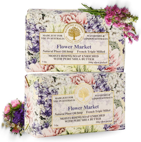Wavertree & London Flower Market Scented Natural Soap (2 Bars), 7oz Moisturizing French Triple Milled Soap Bars enriched with shea butter - Pure Plant Based Bath & Body Bars for All Skin Types