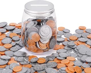 Play Money Coins for Kids, 250pcs Detailed Fake Money Coins with Coin Jar, Realistic Teaching Pretend Fake Money Coins Set, Plastic Toy Prop Fake Money Coins for Kids Learning Education Party