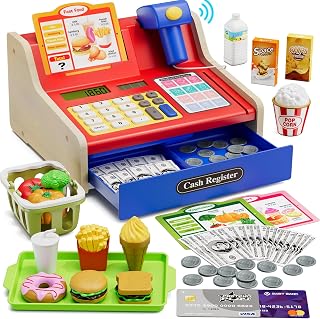 Wee Wonders Wooden Cash Register for Kids with Real Calculator, Blue