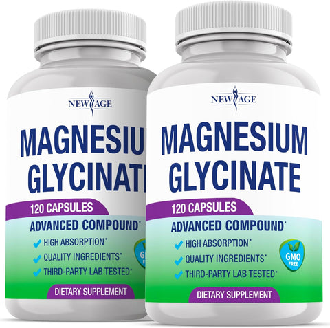 NEW AGE Magnesium Glycinate 500mg | 90mg Elemental Magnesium Supplement- High Absorption, Non Buffered, Non-GMO & No Gluten - Muscle & Bone Health - 240 Vegan Capsules