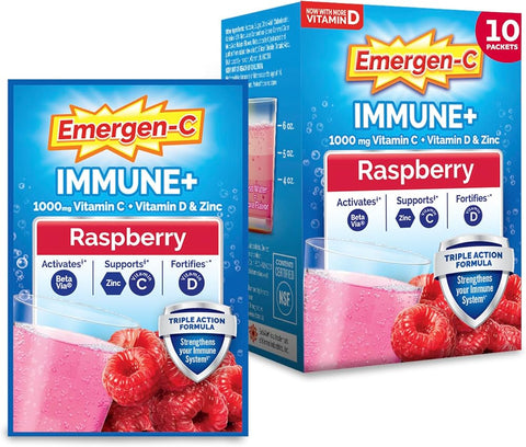 Emergen C Immune+ Triple Action Immune Support Powder, BetaVia (R), 1000mg Vitamin C, B Vitamins, Vitamin D and Antioxidants, Raspberry, Back to School Essentials – 30 Count
