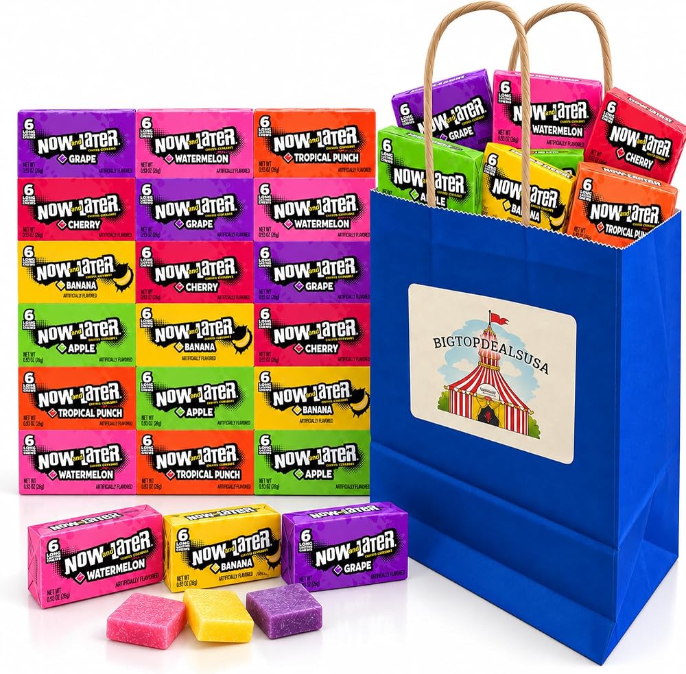 Big TOP DEALS USA Now and Later Banana Candy Mix, 30 Pack, 6 Flavors 5 Each, Banana Apple Cherry Tropical Punch Grape Watermelon, Variety Pack, 0.93 oz Wrapped Soft Chew Taffy, Retro 90s Candy