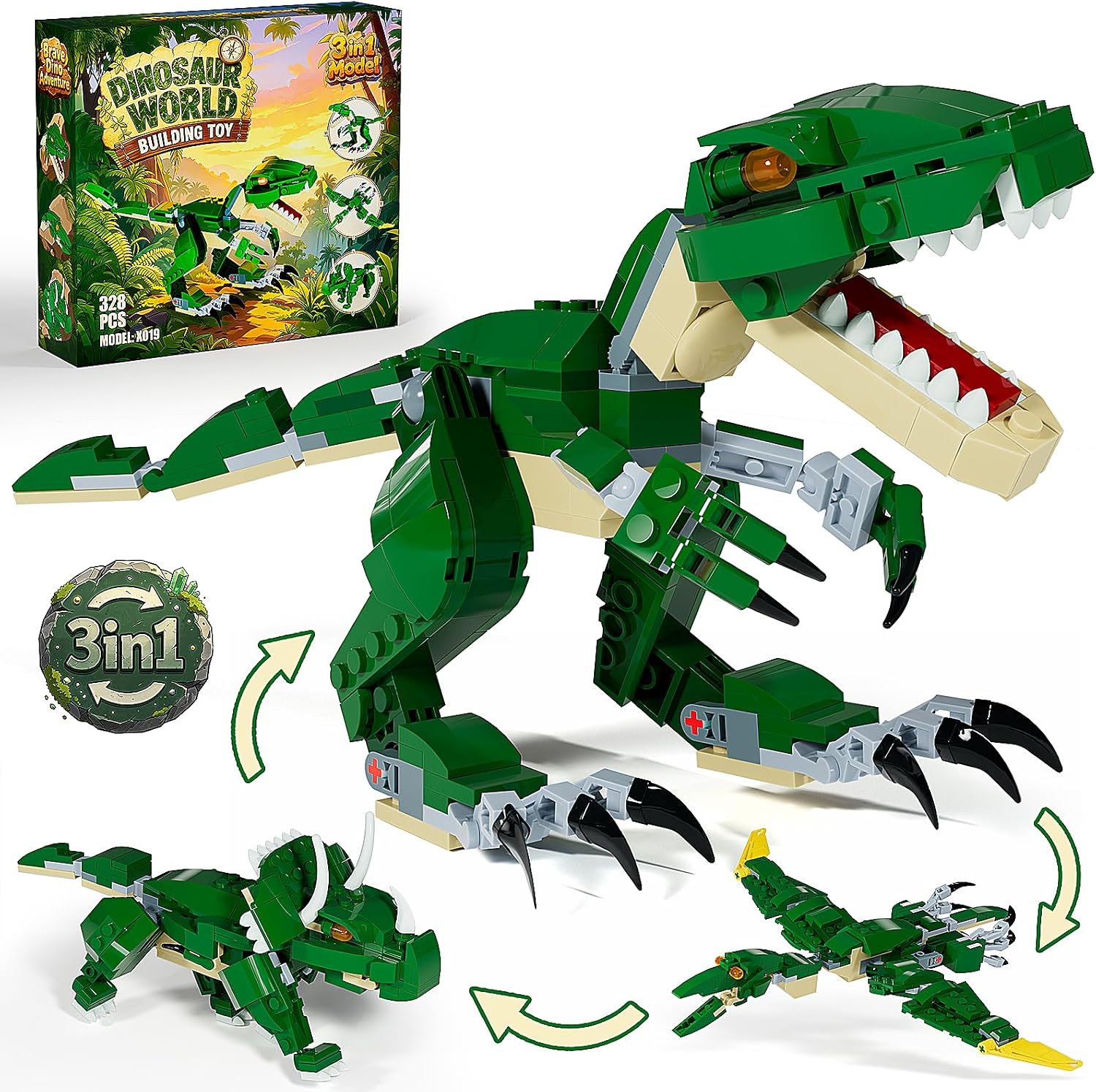 3 in 1 Dinosaur Building Toys for Boys Girls, Gift for 6 7 8 9 10 11 12 Kids, Compatible with Lego Dinosaur Set, Transforms from T. rex to Pterodactyl to Triceratops Dinosaur Model, Birthday Christmas