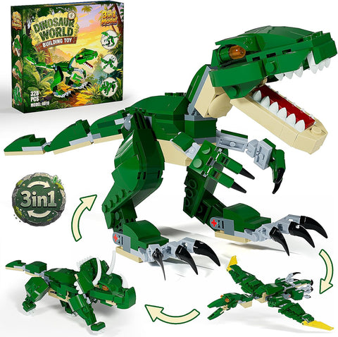 3 in 1 Dinosaur Building Toys for Boys Girls, Gift for 6 7 8 9 10 11 12 Kids, Compatible with Lego Dinosaur Set, Transforms from T. rex to Pterodactyl to Triceratops Dinosaur Model, Birthday Christmas