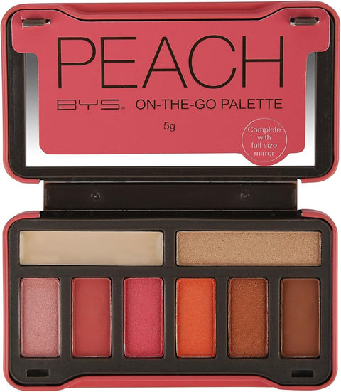 BYS On-The-Go Peach Eyeshadow Palette with Primer Highlighter and Mirror, 6 Eyeshadows, 1 Highlight, 1 Prime