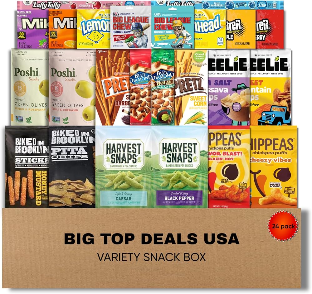 BIG TOP DEALS USA Variety Snack Box, 24 Count Assorted Snacks with Candy, Chips & Sweet Treats, Party Snack Box, Care Package Gift Basket