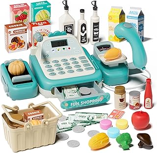 49Pcs Cash Register Toy Set, Pretend Play Grocery Store Cashier Playset