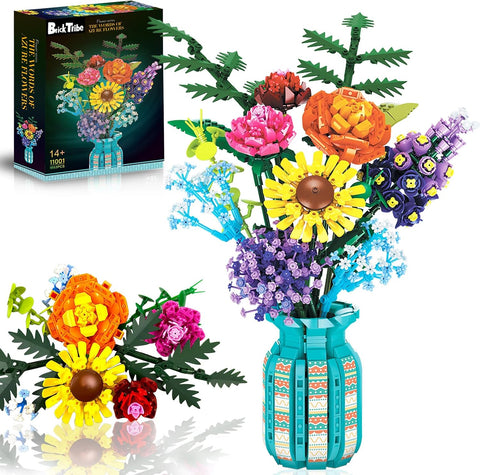 Flowers Set with Vase for Adults Women, Variety of Botanical Collection Bouquet Including Sunflower, Baby's Breath, Rose, Compatible with Lego Floral, 1853PCS, Easter Flores for 14 Years & Up