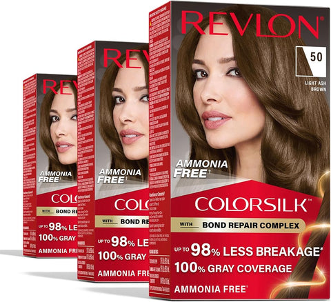 Revlon ColorSilk with Bond Repair Hair Color, 50 Light Ash Brown, 3pk