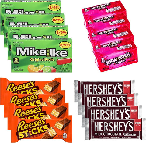 Big TOP DEALS USA Assorted Candy Variety Pack - Mike and Ike Original Fruits, Now and Later Cherry, Reese's Sticks, Hershey's Milk Chocolate - Individually Wrapped, Fruity Chewy Candy, Party Favors