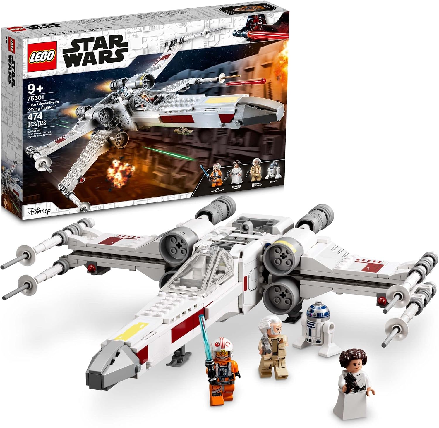 LEGO Star Wars Luke Skywalker's X-Wing Fighter 75301 Building Toy Set - Princess Leia Minifigure, R2-D2 Droid Figure, Jedi Spaceship from the Classic Trilogy Movies, Great Gift for Kids, Boys, Girls