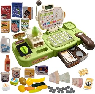 67 PCS Toy Cash Register for Kids, Pretend Play Grocery Store Playset with Real Calculator, Scanner, Microphone, Play Food & Money, Educational Learning Gift for Toddlers Boys Girls Age 3-6