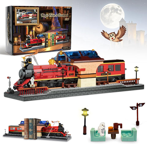 2 in 1 Harry Magic Train Building Set for Adults, Boys, Kids, Features a Bookends for Display and Home Decor, Train Building Toys Gifts for Christmas Birthday, 1068PCS