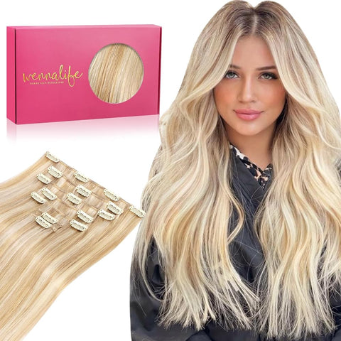 WENNALIFE Clip in Hair Extensions Real Human Hair, 22 Inch 160g 7pcs Dirty Blonde Highlighted Bleach Blonde Remy Hair Straight Natural Extensiones De Cabello Humano Con Clip Ins