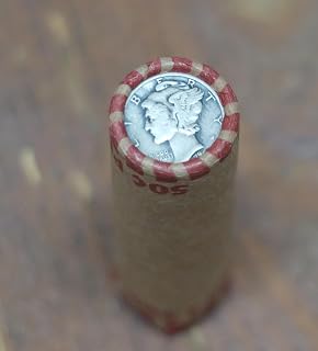 Vintage Wheat Penny Roll with Mercury Dime End, Mixed Years, Circulated US Coins, Collector's Shotgun Lot