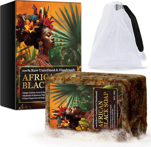 African Black Soap, 100% Pure Natural Bar Soap for Troubled Skin Cleanser, Aids Against Dark Spots, Dry Skin, Combat Acne & Signs of Aging, Great For Pimples, Blackhead, Face & Body Wash 100g.