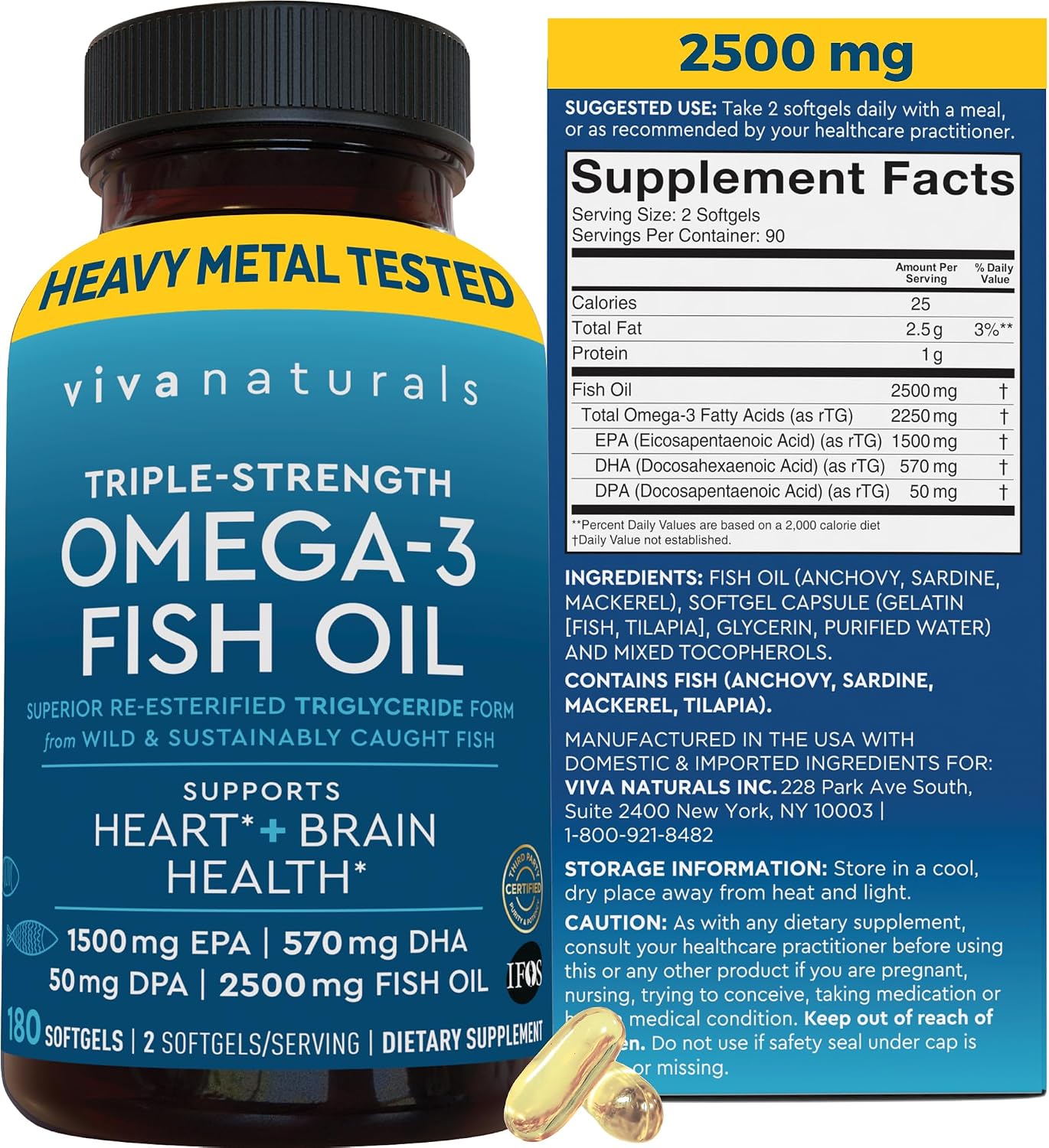 Viva Naturals Omega 3 Fish Oil Supplement for Women and Men - 2500 mg Triple Strength Fish Oil per Serving with Omega 3 Fatty Acids Including EPA, DHA DPA - 180 Pescatarian-Friendly Softgels
