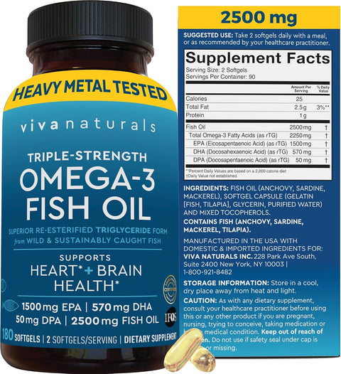 Viva Naturals Omega 3 Fish Oil Supplement for Women and Men - 2500 mg Triple Strength Fish Oil per Serving with Omega 3 Fatty Acids Including EPA, DHA DPA - 180 Pescatarian-Friendly Softgels