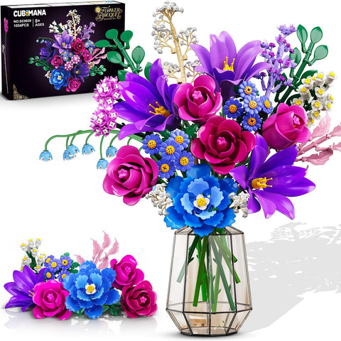 CUBIMANA 21 Flowers Bouquet Building Set with Light for Adults Girls 8-12+