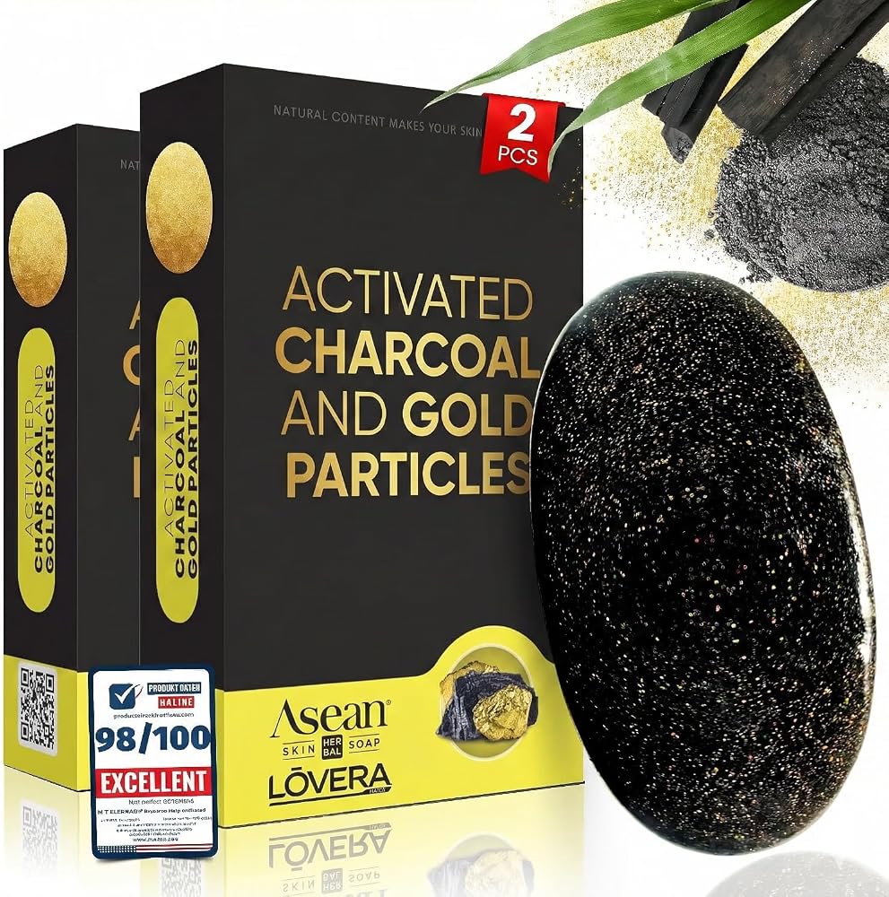Charcoal African Black Soap 2Bar Black and Gold Bar Soap Handmade Body Facial Vitamin E Soap with Organic Coconut Oil Gold Marine Collagen Hydration mens soap bar natural