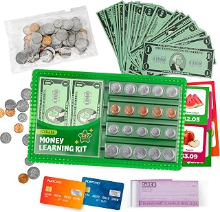 Play Money Set for Kids, 327 Pieces Money Learning Kit with Bills Coins Checks Challenge Cards, Educational Math Toy for Homeschool Pretend Play