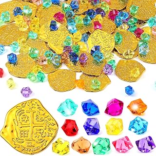Hanaive 150 Pcs Plastic Pirate Gold Coins Fake Gems Set,Novel Style,Gold