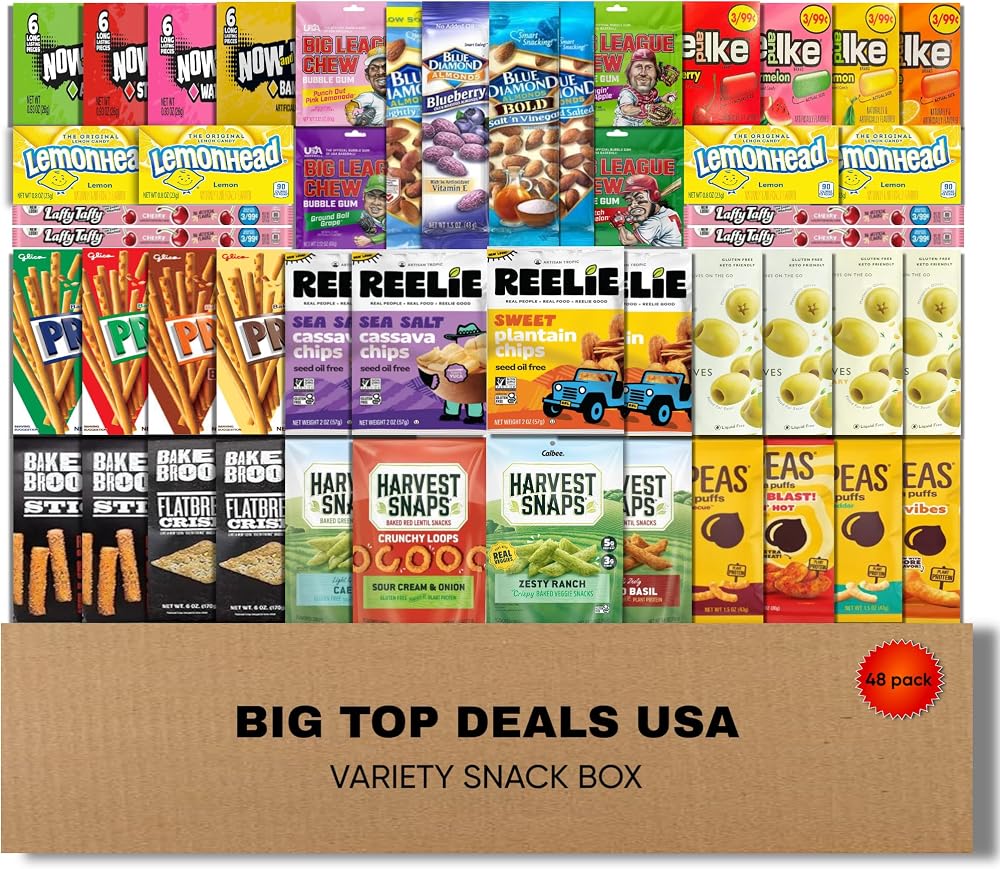 BIG TOP DEALS USA Variety Snack Box 48 Count Candy, Chips & Snack Assortment Gift Box for Parties, Office, College & Care Packages