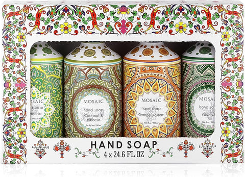 Mosaic Liquid Hand Soap / Hand Wash Gift Set, Ideal for Bathroom and Kitchen Hand Soap Set , Olive Oil + Coconut & Hibiscus + Gardenia + Orange Blossom, 4 x 24.6 fl oz Each Liquid Soap Bottle