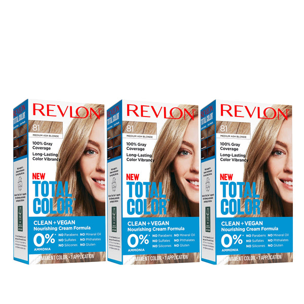 Revlon Permanent Hair Color, Permanent Hair Dye, Total Color with 100% Gray Coverage, Clean & Vegan, 81 Medium Ash Blonde, 10.2 Oz (Pack of 3)