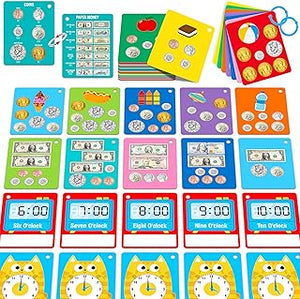 52 PCS Time & Money Flashcards, Double Sided Cognition Cards-Coin Value, Coin Combinations, Counting Coins, Telling Time, Reading Clocks, Learning Tool for Kids Ages 6+ Kindergarten Toddlers