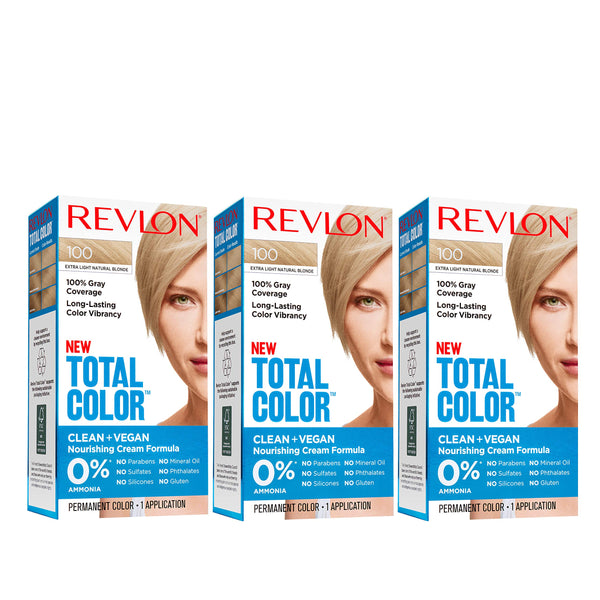 Revlon Total Color Hair Color, Clean and Vegan, 100% Gray Coverage Hair Dye, 3 count, 100 Extra Light Natural Blonde, 10.2 Ounce