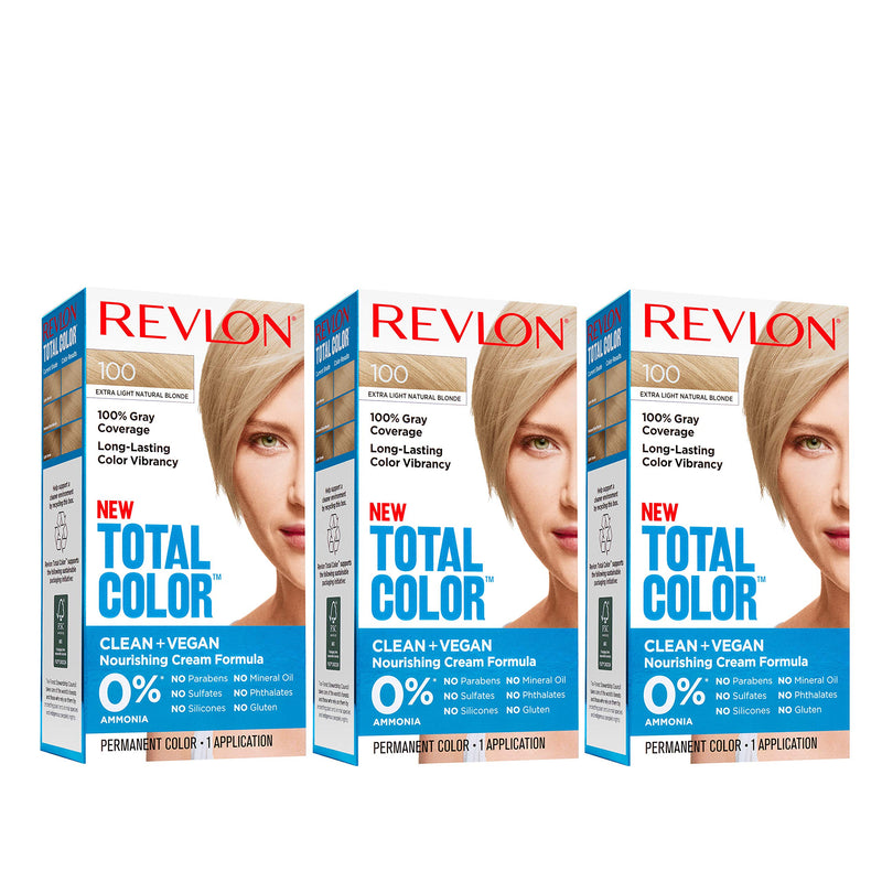 Revlon Total Color Hair Color, Clean and Vegan, 100% Gray Coverage Hair Dye, 3 count, 100 Extra Light Natural Blonde, 10.2 Ounce