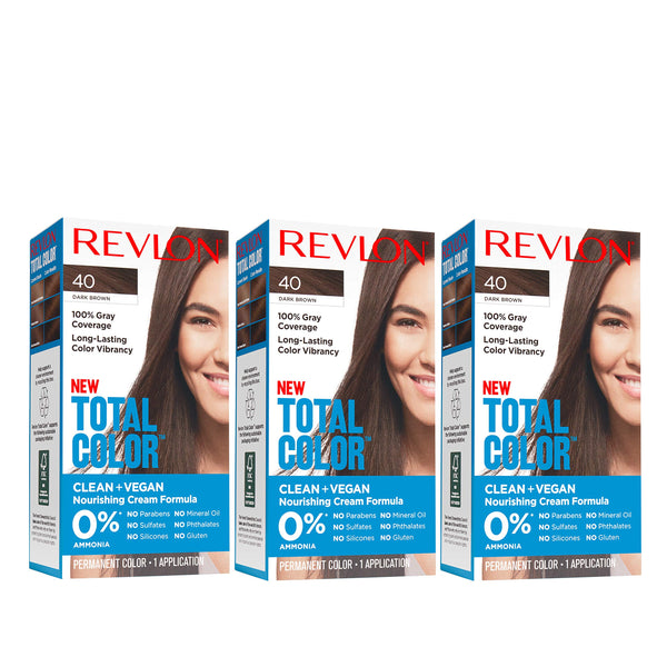 Revlon Permanent Hair Color, Permanent Hair Dye, Total Color with 100% Gray Coverage, Clean & Vegan, 40 Dark Brown, 10.2 Oz (Pack of 3)