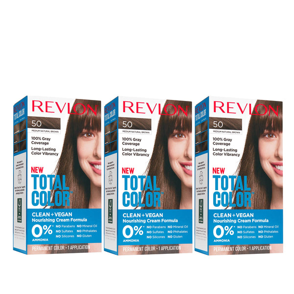 Revlon Permanent Hair Color, Permanent Hair Dye, Total Color with 100% Gray Coverage, Clean & Vegan, 50 Medium Natural Brown, 10.2 Oz (Pack of 3)