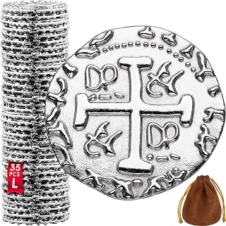 Large Metal Pirate Coins - 35 Silver Treasure Coin Set, Metal Replica Spanish Doubloons for Halloween Pirate Party Decorations & Favors, Tokens, Toys, Cosplay - Pirate Treasure Chest - Size 1.06"