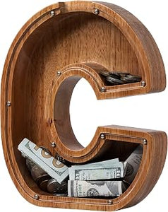 Piggy Bank for Kids Boys Girls, Wooden Large Letter Piggy Bank Alphabet Money Bank with Initial C, Coin Bank Fun Gifts for Birthday, Christmas, Festival, Baby Shower