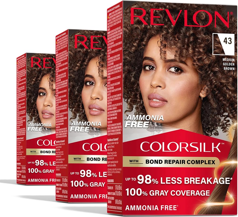 Revlon ColorSilk with Bond Repair Hair Color, 43 Medium Golden Brown, 3pk