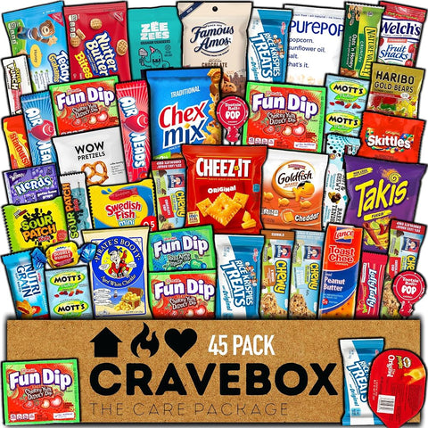 CRAVEBOX Snacks Box Variety Pack Care Package (45 Count) Halloween Treats Gift Basket Adults Kids Grandkids Guys Girls Women Men Boyfriend Birthday Cookies Chips College Student Office