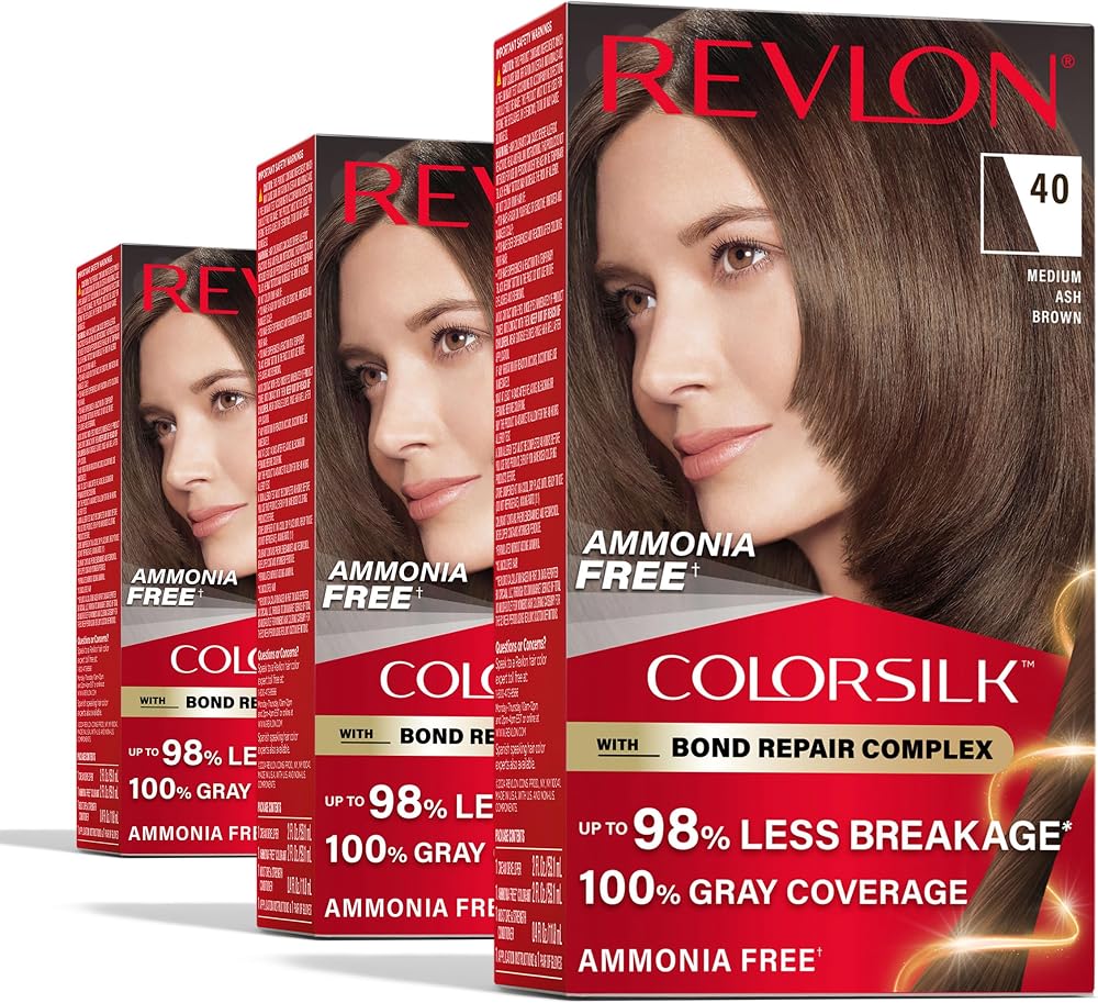 Revlon ColorSilk with Bond Repair Hair Color, 40 Medium Ash Brown, 3pk