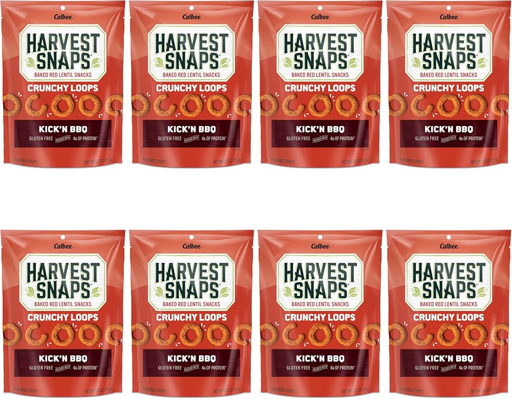 Harvest Snaps Veggie Chips (Kick'N BBQ Crunchy Loops) | Powered by Plant Protein, Gluten Free Baked Vegetable Crisps | Made in USA (8 Snack Packs)