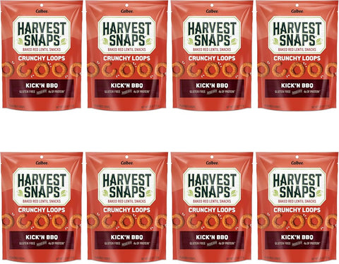 Harvest Snaps Veggie Chips (Kick'N BBQ Crunchy Loops) | Powered by Plant Protein, Gluten Free Baked Vegetable Crisps | Made in USA (8 Snack Packs)