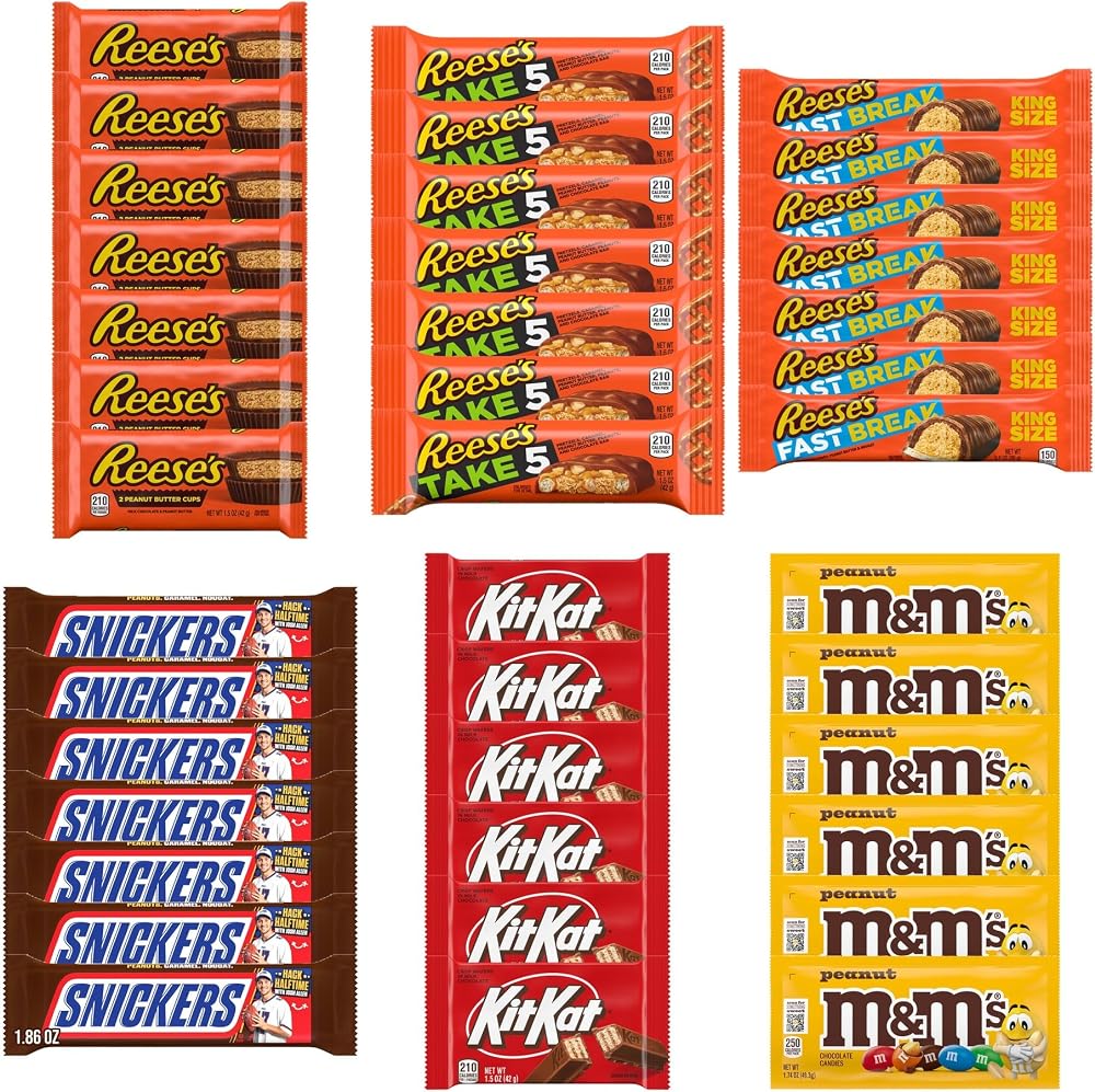 Big TOP DEALS USA 40 Piece Candy Variety Pack with 7 Reese's Cups, 7 Take 5 Bars, 7 Fast Break King Size Bars, 7 Snickers, 6 Kit Kat and 6 M&M's Peanut - Individually Wrapped Gift Bundle