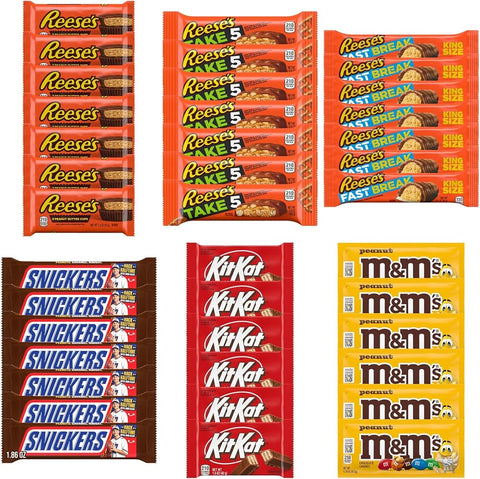 Big TOP DEALS USA 40 Piece Candy Variety Pack with 7 Reese's Cups, 7 Take 5 Bars, 7 Fast Break King Size Bars, 7 Snickers, 6 Kit Kat and 6 M&M's Peanut - Individually Wrapped Gift Bundle