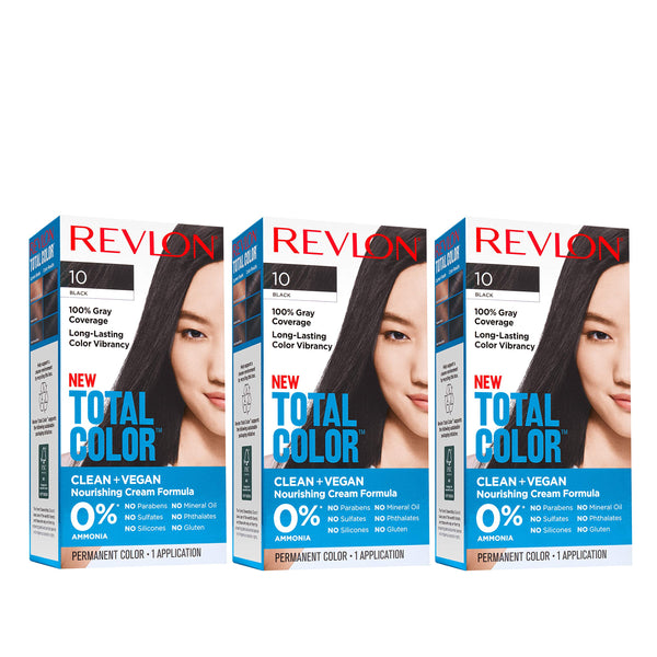 Revlon Permanent Hair Color, Permanent Hair Dye, Total Color with 100% Gray Coverage, Clean & Vegan, 10 Black, 10.2 Oz (Pack of 3)